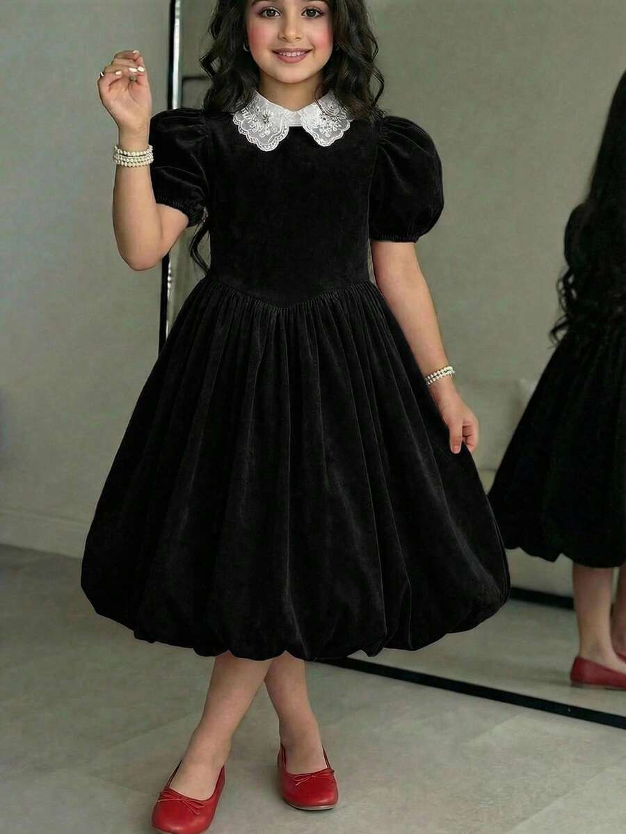 SHEIN Tween女孩優雅拼接色娃娃領花瓣袖荷葉邊洋裝 - 黑色 - 查看 1