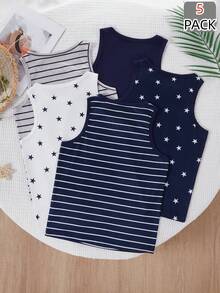 paquete de 5 piezas de camisetas sin mangas casuales y cómodas para niños con estampado de rayas y estrellas, ligeras, suaves y versátiles, aptas para todas las estaciones - Multicolor - Ver 2