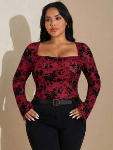 SHEIN Tall CURVE Plus Size Women's Burgundy Floral Flocking Square Collar Trumpet Long Sleeve Bodysuit,Elegant Summer Night Out Club Prom Holiday Date Wear - Red - View 5