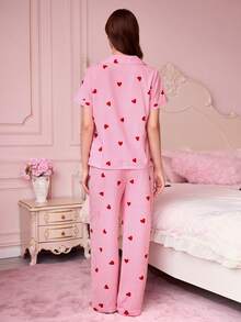2pcs Valentine's Day Women Striped Heart Print Pajama Set, Short Sleeve Button Collar Top And Pants, Casual Loungewear - Pink - View 3