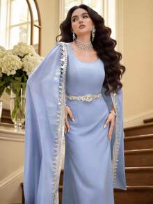 Al Najma 女士蓝银色花卉拼接方领连衣裙 - 藍色 - 查看 4