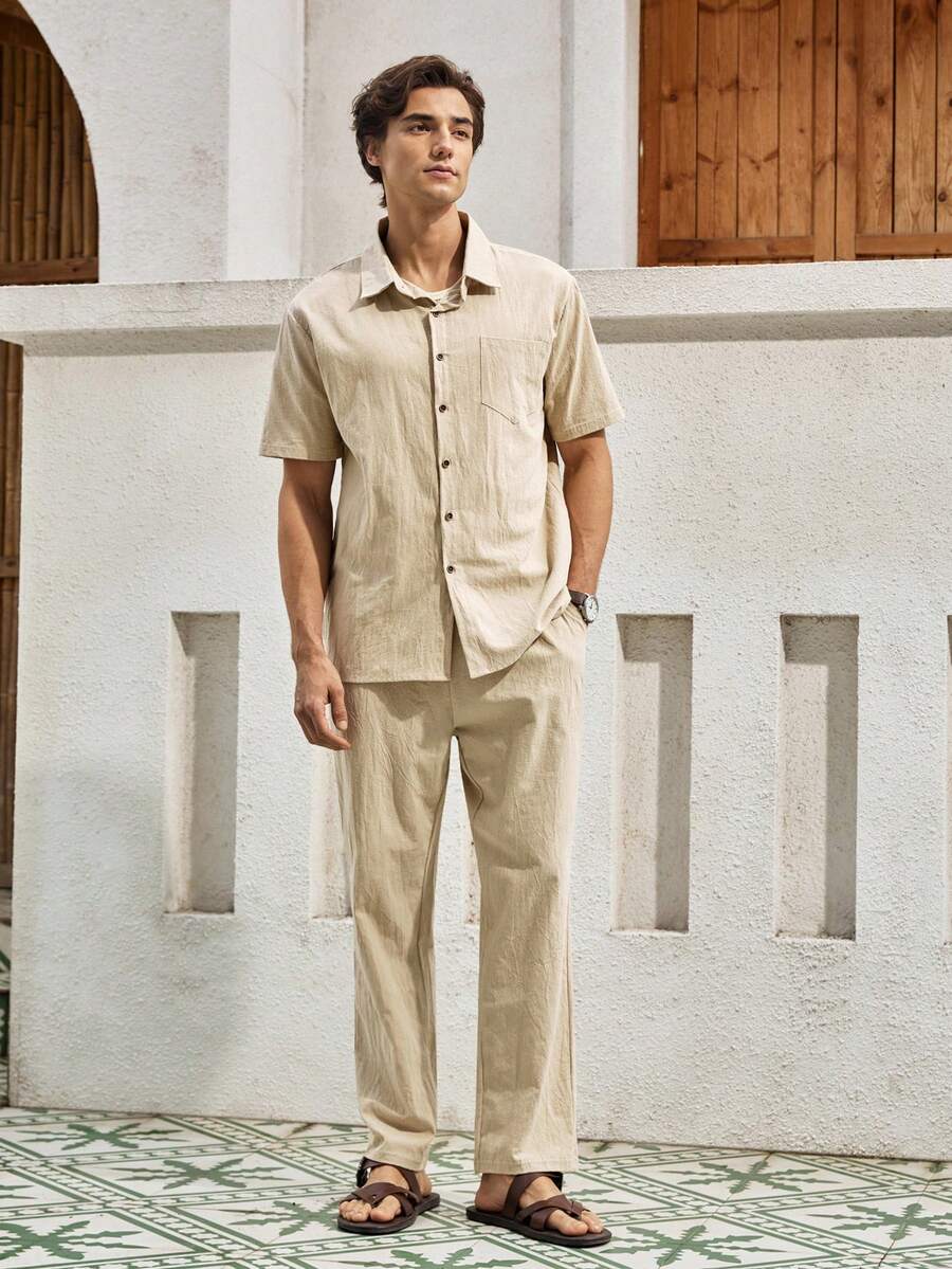 Ensemble de tenue en lin pour hommes Mercer Haus, chemise à manches courtes & pantalon, pour les vacances d'été et les tenues de plage - Kaki - Voir 1