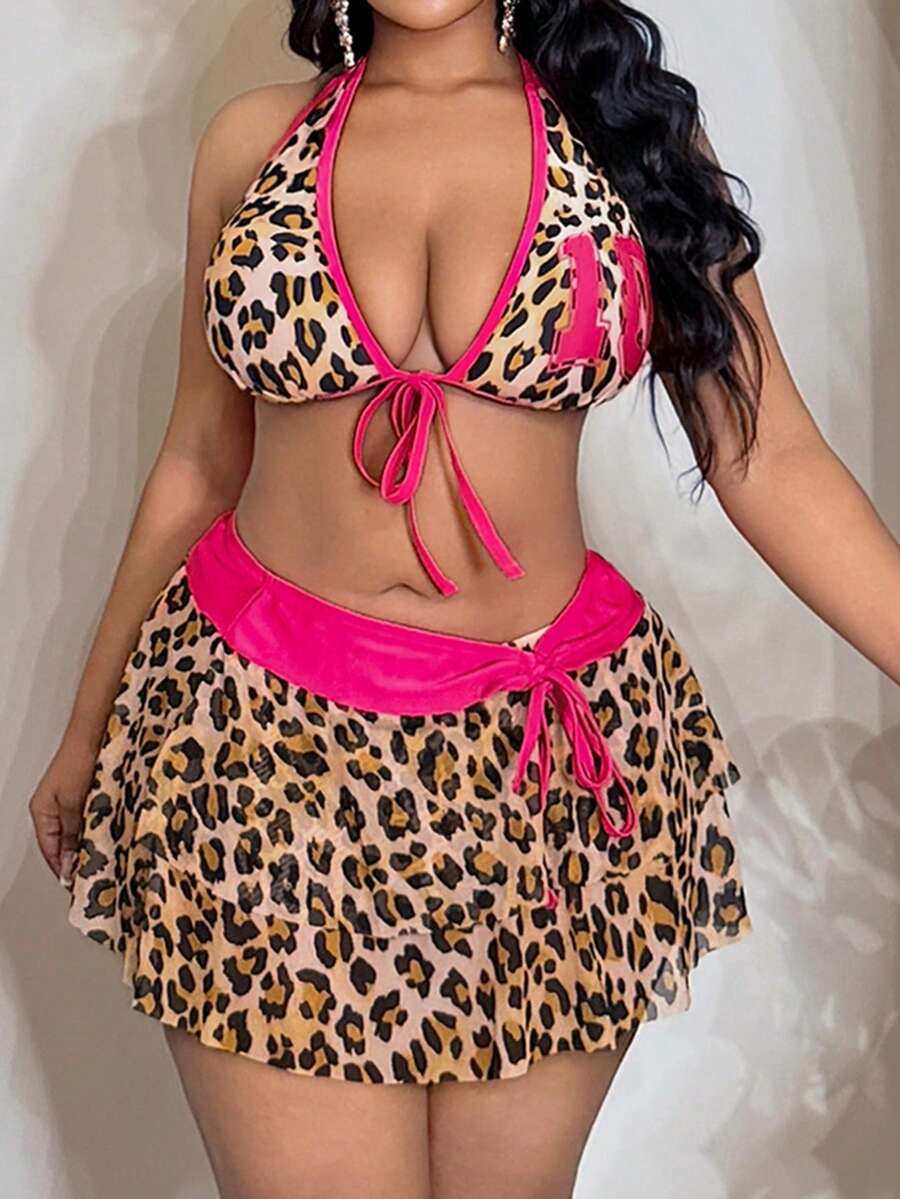 Slaydiva 大码女式三件套：随机豹纹印花时尚休闲性感可调节肩带高腰系带比基尼泳裤、短款网纱印花裙、蝴蝶结2026新款热销泳装套装 - 彩色 - 查看 1