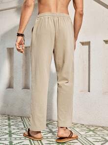 Mercer Haus Pantalones de lino livianos de unicolor para hombres, cómodos de usar, adecuados para la playa, vacaciones, deportes casuales, otoño, y apropiados para vacaciones de verano tropical en Hawái. - Caqui - Ver 3