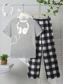 Tween Boys 2 Pieces Pajama Set, Gray Headphone Print Knit Crew Neck Top And Plaid Print Pants, Casual Comfortable Loose Fit Summer Sleepwear - Grey - View 3