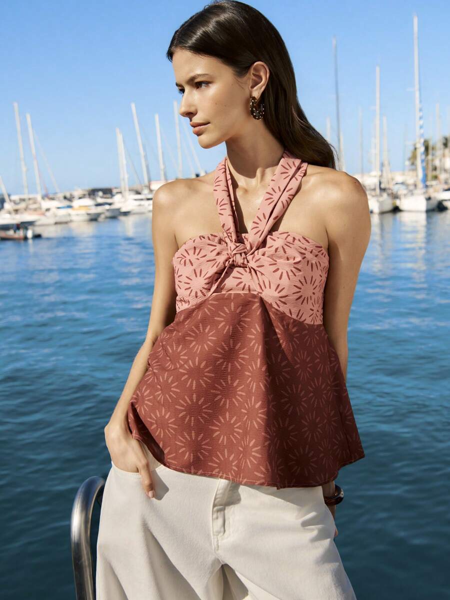 Nöista Top halter de dos tonos rosa con estampado y detalle anudado en la parte delantera. Primavera, verano, estilo bohemio, festival. - Multicolor - Ver 1