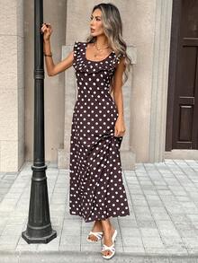 SHEIN PariChic Đầm nữ cổ vuông, viền bèo nhún, chấm bi nâu, dáng ôm, phong cách retro và gợi cảm, hơi hướng cổ điển, đầm mùa hè, trang phục mùa hè, đầm ngày Valentine, đầm sinh nhật, đầm thanh lịch nữ, đầm thường ngày nữ, đầm đi nghỉ mát, trang phục duyên dáng nữ, đầm chấm bi, đầm màu nâu - màu nâu - Xem 7