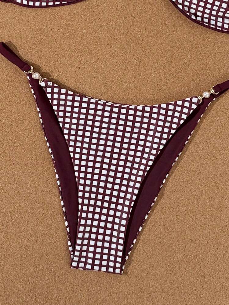 Swim SXY 2026 Spring/Summer Adjustable Thin Strap Burgundy Plaid Shoulder Strap With Pearl Decor Side Cut-Out Bikini Set Set For Women, Suitable For Party And Bikini Gingham Bikini Brown Bikini Plaid Bikini Checkered Bikini Swimwear - Burgundy - View 4