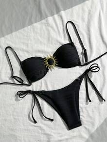 Swim Mod Women's Sexy Solid Color Tie-Up Bikini Set, Vacation Fashion - Black - View 4