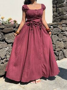 Sunnyshic 加大码法式复古方领衬衫及A字长裙套装，适合夏季外出及日常穿着 - 酒紅色 - 查看 3