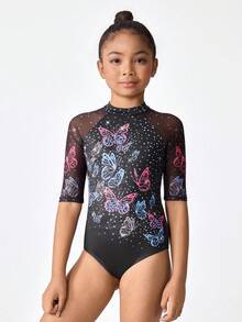 少女体操服，黑色网纱拼接彩色蝴蝶图案，弹力针织面料连体衣，适合户外运动，舒适亲肤训练服 - 黑色 - 查看 4
