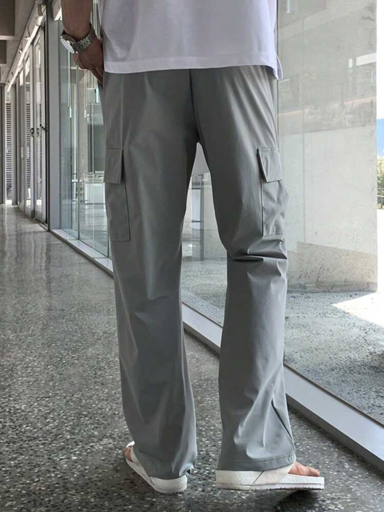 Men's Solid Gray Cargo Pants, Long Length, Suitable For Spring And Autumn