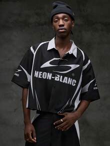 NEON BLANC Herrskjorta med kort ärm och bokstavstryck, sommar, avslappnad - Svart och Vitt - Visa 4