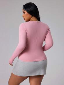 SHEIN Sports Plus Size Women Striped Textured Long Sleeve Activewear - Dusty Pink - View 2