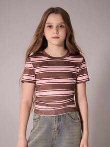 女童休闲宽松白色条纹圆领T恤，舒适时尚的夏季上衣，适合度假、旅行、校园和日常穿着。 - 彩色 - 查看 5