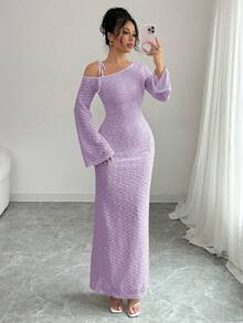 Rafferiza 欧美时尚修身针织连衣裙，性感露肩紧身长袖连衣裙，女士长款套装 - 淡紫色 - 查看 9