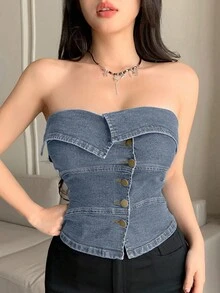 DAZY Summer Sexy Fitted Denim Crop Top With Off Shoulder Design - Baby Blue - View 6