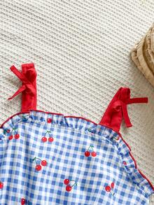 SHEIN Vintaside Kids 女孩夏季公主风活力樱桃格纹蝴蝶结吊带连衣裙 - 藍色 - 查看 6