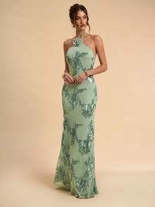 SHEIN BAE Sleeveless Backless Solid Green Textured Jacquard Dress, Elegant Fit And Flare Dress For Brunch, Wedding Guest, Cocktail Party, Vacation Beach - Green - View 6