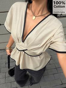 Siren Gaze Áo kiểu nữ cổ chữ V sâu, viền tương phản, ôm sát, có bèo nhún ở gấu áo, thích hợp mặc hàng ngày, đi biển, chất liệu cotton, tay áo cánh dơi. - Màu be - Xem 5