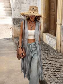 Brillora Studded Detail Fringe Hem Vest Coat In Fall/Winter - Grey - View 1