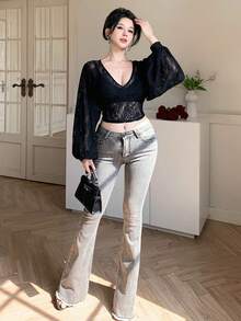 DAZY Women's Elegant Lace V-Neck Blouse, Spring/Summer Long Sleeve Tops Women - Black - View 4