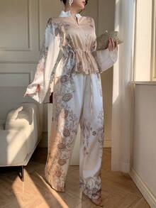 DAZY 女士休闲印花立领抽绳衬衫和阔腿裤两件套，春季 - 杏色 - 查看 4