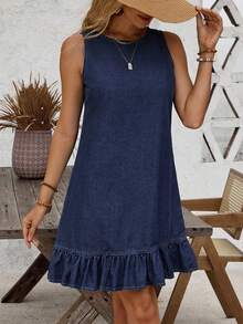 EMERY ROSE Vestido vaquero casual de mujer con cuello redondo, bajo con volantes y diseño de botones en la espalda, sin mangas - Azul lavado oscuro - Ver 4