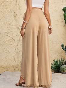 Boho Mama Pantalon ample à jambes larges, style décontracté de vacances pour femmes enceintes, avec garniture de pompons de couleur unie - Kaki - Voir 3