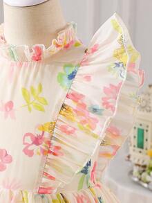 Glamorique Kids 女童优雅碎花荷叶边无袖连衣裙，公主裙，适合花童、派对、旅行、演出，四季皆宜 - 杏色 - 查看 8