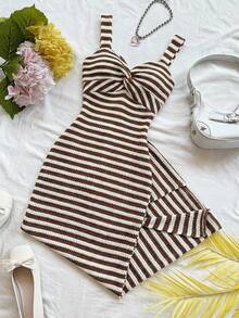 Soleia Women's Striped Twist Design Slit Hem Cami Midi Dress ,Summer Dress - Coffee Brown - View 1