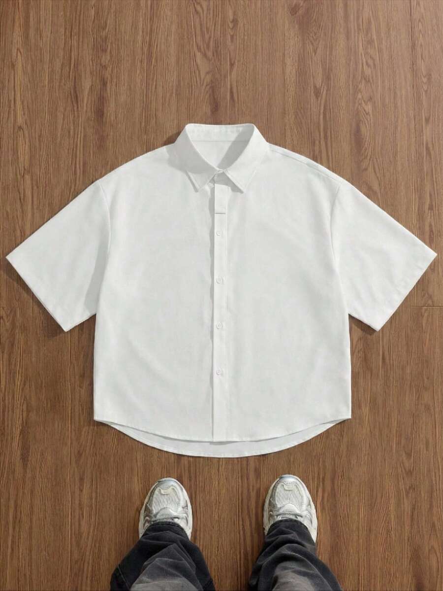 SWAVVY Áo sơ mi nam tay ngắn, màu trơn, thời trang và tối giản, kiểu dáng bạn trai/đôi. - trắng - Xem 1