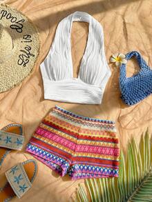 Soleia Bộ đồ 2 mảnh phong cách Bohemian lãng mạn họa tiết hoa: Áo tank top cổ yếm kẻ sọc nhiều màu sắc và quần short, thích hợp cho các dịp thường nhật mùa xuân/hè, đi biển, dự đám cưới, lễ tốt nghiệp, ngày lễ Thánh Patrick, lễ Phục sinh, lễ hội âm nhạc. - Nhiều màu - Xem 7