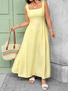 Vionelle Đầm nữ cỡ lớn mùa hè, kiểu dáng tối giản, màu trơn, cổ vuông, không tay, thắt eo, thích hợp cho kỳ nghỉ hoặc đi làm hàng ngày. - Màu vàng - Xem 1