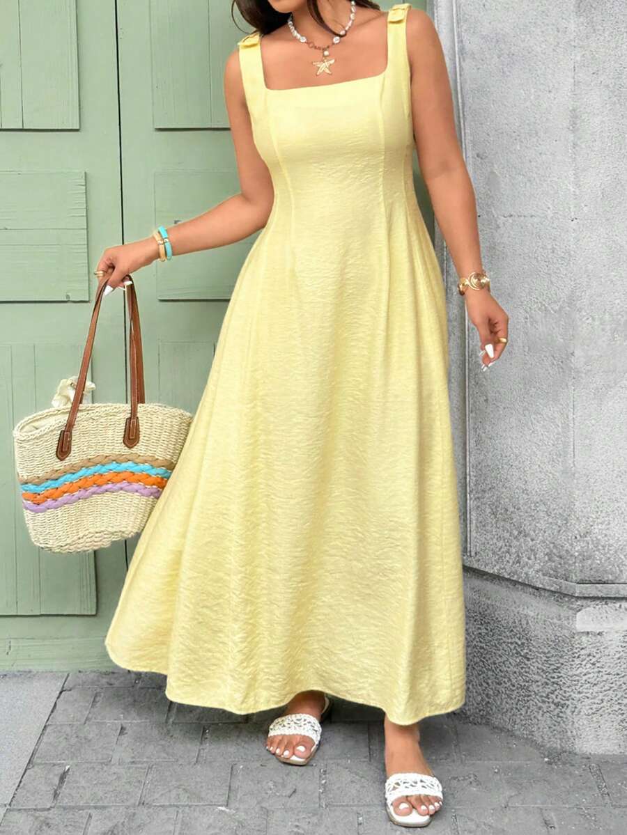 Vionelle Đầm nữ cỡ lớn mùa hè, kiểu dáng tối giản, màu trơn, cổ vuông, không tay, thắt eo, thích hợp cho kỳ nghỉ hoặc đi làm hàng ngày. - Màu vàng - Xem 1