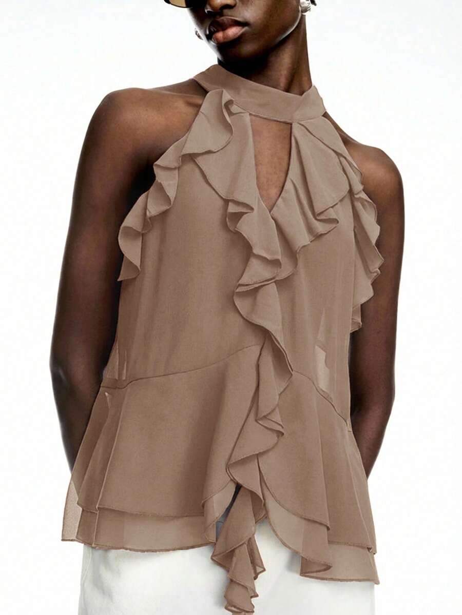 LYSMO Women's Solid Color Ruffle Neck Casual Versatile Daily Wear Top - Khaki - View 1