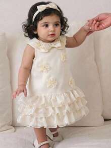 SHEIN Vestido elegante y lindo para bebé niña con cuello de organza con volantes y estampado floral de mariposa - Albaricoque - Ver 1