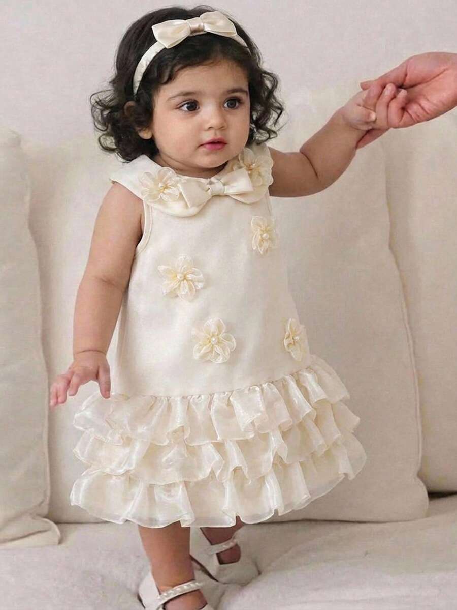 SHEIN Vestido elegante y lindo para bebé niña con cuello de organza con volantes y estampado floral de mariposa - Albaricoque - Ver 1