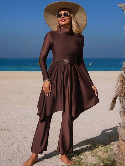 Swim Mulvari Deep Brown Knit Fabric Gold Seashell Decor Muslim Style Women 2-Piece Swimsuit, High Neck Long Sleeve Crop Top And Wide Leg Pants, Spring/Summer