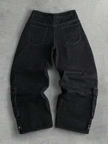 ROMWE MEN Street Life 男士宽松工装口袋牛仔裤 - 黑色 - 查看 2