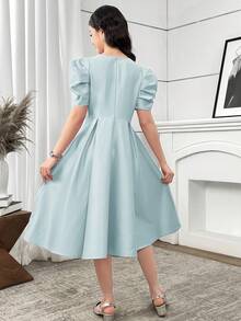 SHEIN Teen Girls Green Satin Gigot Sleeve A-Line Party Evening Dress - Green - View 2