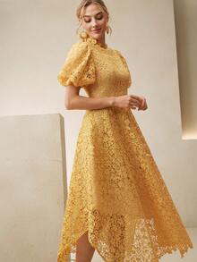 Anewsta Spring And Summer New Openwork Water-Soluble Lace Embroidered Slim Waist Stand Collar Puff Sleeve Asymmetrical Hem Elegant Mid-Length Dress - Pale Yellow - View 5