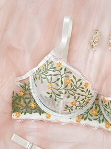 FloralLove Floral Mesh Embroidery Plus Size Push-Up Bra And Panty Set - Multicolor - View 5