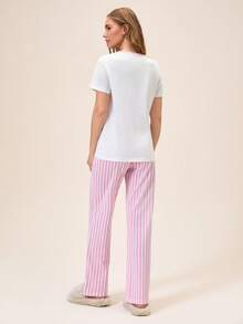 Loomlin French Girl Aesthetic: Minimalist Letter Graphic Tee & Pink Pinstripe Wide-Leg Pajama Set - Pink - View 2