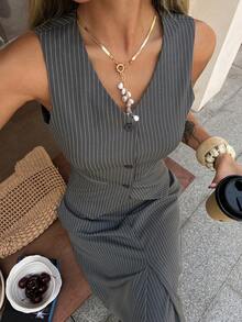 Livesso 2pcs/Set Women's Sleeveless Striped Top And Skirt, Office/Commute Casual Summer Outfit Lounge Sets For Women - Grey - View 1