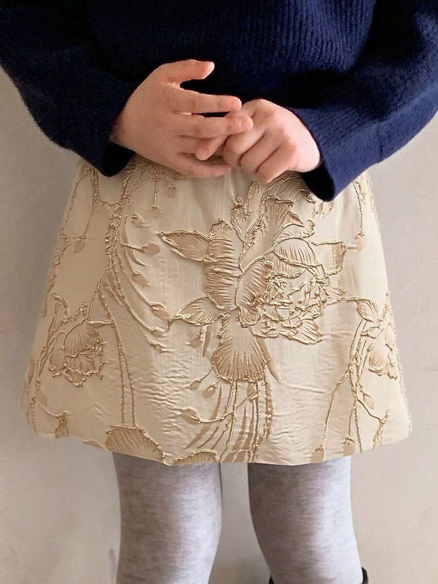 DAZY Young Girl Floral Jacquard Elastic Waist Fashionable Skirt - Apricot - View 1