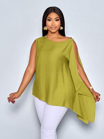 SOLERSUN 大码女式时尚纯色无袖衬衫，单层荷叶边袖口，飘逸圆领，宽松休闲风格。完美适用于春夏两季。适合日常通勤、度假、圣帕特里克节、复活节、现代场合、音乐节等。