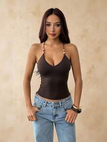 SHEIN PETITE Áo hai dây màu nâu đính hạt cho nữ, áo hai dây ôm sát gợi cảm kiểu retro mùa hè, áo không tay đi biển màu nâu sô cô la cho nữ, áo gợi cảm - màu nâu - Xem 4