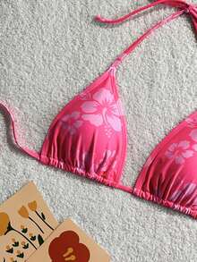 Swim Mod Women's Tropical Floral Print Halter Neck Bikini Top, Casual Vacation - Multicolor - View 4