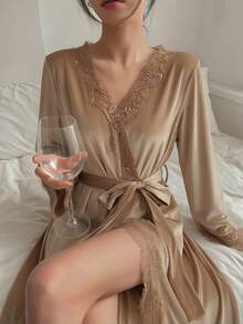 DAZY Women's Lace & Velvet Patchwork Loose Long Robe, Suitable For Spring & Autumn/Winter Pajamas - Apricot - View 7